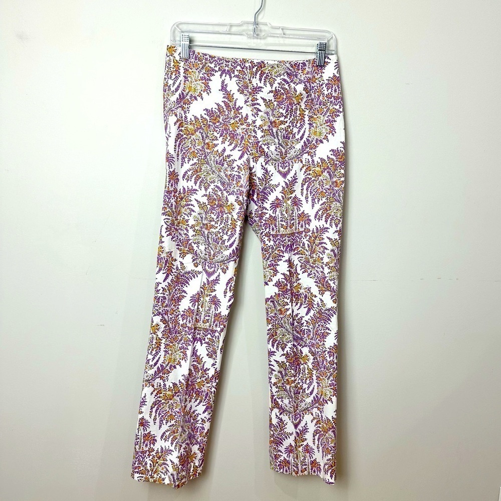 J. McLaughlin White Pants with Purple and Gold Paisley Print